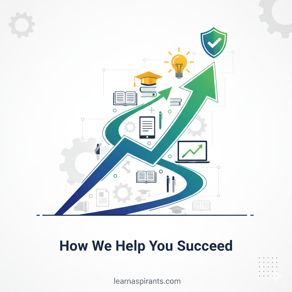 learnaspirants_homepage_image Infographic illustration of an upward-trending growth chart composed of stacked books, pens, and digital screens, symbolizing the continuous learning, progress, and journey toward success for competitive exam aspirants.